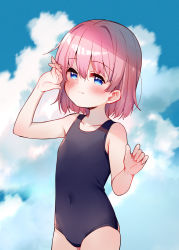 Rule 34 | 1girl, bare arms, bare shoulders, black one-piece swimsuit, blue eyes, blue sky, blush, closed mouth, cloud, cloudy sky, collarbone, commentary request, covered navel, day, hair between eyes, hand up, highres, looking at viewer, meito (maze), one-piece swimsuit, original, outdoors, pink hair, school swimsuit, sky, smile, solo, swimsuit