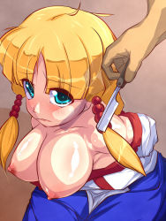 Rule 34 | 1girl, aqua eyes, arc the lad, arc the lad ii, bad id, blonde hair, braid, breasts, brown background, cleavage, clothes pull, hair tubes, highres, image sample, knife, large breasts, lieza (arc the lad), long hair, looking at viewer, male hand, nipples, no bra, off shoulder, pixiv sample, razor, shirt, shirt pull, side ponytail, simple background, tougenkyo momo, white shirt