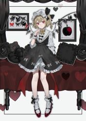 Rule 34 | 1girl, absurdres, alternate color, apple, black dress, black ribbon, blonde hair, bug, butterfly, closed mouth, commentary, crystal, curtains, daimaou ruaeru, drawing (object), dress, expressionless, flandre scarlet, food, frilled skirt, frills, fruit, full body, hand up, hat, hat ribbon, heart, highres, insect, looking at viewer, mob cap, pillow, red eyes, red footwear, ribbon, shirt, side ponytail, skirt, sleeves past elbows, socks, solo, touhou, white hat, white shirt, white socks, wings, wrist cuffs, yellow ribbon