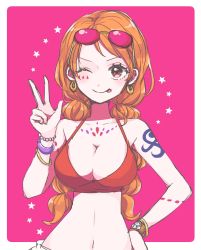 Rule 34 | 1girl, :p, bare shoulders, bracelet, breasts, cleavage, earrings, eyewear on head, hand on own hip, hand up, highres, jewelry, large breasts, long hair, low twintails, midriff, nami (one piece), navel, one eye closed, one piece, one piece film: red, orange eyes, orange hair, shinogo no, shoulder tattoo, solo, star (symbol), tattoo, tongue, tongue out, twintails, upper body, v