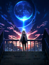 Rule 34 | 1girl, absurdres, arm at side, black pants, blue sky, cellphone, city lights, cityscape, closed mouth, cloud, cloudy sky, feet out of frame, full moon, furrowed brow, halo, highres, holding, holding phone, jacket, light, moon, night, original, pants, phone, pink sky, red sky, scenery, sky, smartphone, smile, smile (qd4nsvik), solo, stairs, star (sky), starry sky, sunset, white jacket