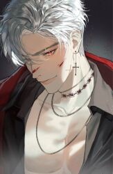 1boy absurdres black_shirt blood blood_on_face closed_mouth coat collarbone collared_shirt earrings floating_earring gem highres jewelry lips looking_at_viewer love_and_deepspace male_focus necklace pectorals red_coat red_eyes red_gemstone shirt short_hair side_part smile solo sylus_(love_and_deepspace) upper_body white_hair ziya_(ziya_illust)