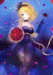 Rule 34 | 1girl, artist request, ayase eli, bare legs, bare shoulders, black detached collar, blonde hair, blue eyes, blush, bouquet, bow, breasts, cleavage, collarbone, female focus, flower, hair between eyes, hair over shoulder, holding, holding bouquet, holding flower, kota (sanokouta), long hair, looking at viewer, love live!, love live! school idol project, medium breasts, one eye closed, parted lips, ponytail, red flower, ribbon, see-through, solo, yellow bow, yellow ribbon