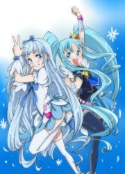 Rule 34 | 10s, 2girls, arm up, black legwear, blue eyes, blue hair, blue skirt, brooch, color connection, crown, cure marine, cure princess, happinesscharge precure!, heart, heart brooch, heartcatch precure!, humiu, jewelry, kurumi erika, long hair, magical girl, multiple girls, open mouth, precure, shirayuki hime, skirt, thighhighs, trait connection, twintails, v, very long hair, white legwear, wrist cuffs