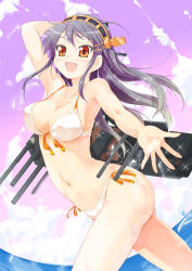 Rule 34 | 10s, 1girl, :d, armpits, bare shoulders, bikini, black hair, blush, breasts, cleavage, fisheye, front-tie top, hairband, haruna (kancolle), headgear, kantai collection, large breasts, long hair, looking at viewer, navel, open mouth, orange eyes, outstretched hand, personification, porurin (do-desho), revision, side-tie bikini bottom, smile, solo, strap gap, swimsuit, thighs, wet, white bikini