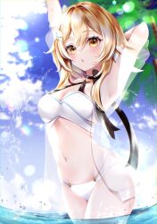 Rule 34 | 1girl, absurdres, alternate costume, armpits, arms behind head, bikini, blonde hair, blue sky, blurry, breasts, cleavage, cloud, cloudy sky, commentary request, depth of field, flower, genshin impact, hair between eyes, hair flower, hair ornament, highres, horizon, in water, leaf hair ornament, long sleeves, looking at viewer, lumine (genshin impact), mayu (sh-n-9), medium breasts, navel, ocean, outdoors, parted lips, see-through, see-through shirt, short hair, short hair with long locks, sidelocks, sky, sleeveless, solo, stomach, stretching, swimsuit, white bikini, yellow eyes