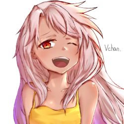Rule 34 | 1girl, chloe von einzbern, fate(series), fate/kaleid liner prisma illya, fate (series), female focus, one eye closed, open mouth, simple background, sleeveless, solo, white background, white hair