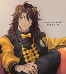 Rule 34 | 1boy, animal ears, black pants, black shirt, black vest, bow, bowtie, braid, brown background, brown hair, commentary request, couch, crossed legs, dark-skinned male, dark skin, dated, green eyes, happy birthday, knee up, leona kingscholar, lion boy, lion ears, long hair, long sleeves, looking at viewer, male focus, official alternate costume, pants, plaid, plaid vest, shirt, simple background, smile, solo, twin braids, twisted wonderland, upper body, vest, yellow bow, yellow bowtie, yellow vest, yupopo (hidame)