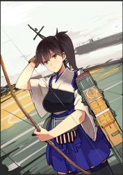 Rule 34 | 10s, 1girl, aircraft, airplane, black thighhighs, bow (weapon), brown eyes, brown hair, flight deck, frown, highres, japanese clothes, kaga (kancolle), kantai collection, kusanagi kaoru, looking at viewer, muneate, personification, pleated skirt, side ponytail, skirt, solo, thighhighs, weapon, zettai ryouiki