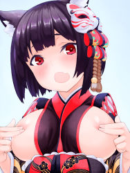 Rule 34 | 1girl, :o, animal ear fluff, animal ears, azur lane, bell, black hair, black kimono, blunt bangs, blush, bow, breast hold, breasts, breasts out, cat ears, cat mask, endou-jun, fang, hair bow, hair ornament, highres, japanese clothes, jingle bell, kimono, large breasts, looking at viewer, looking down, mask, mask on head, obi, open mouth, purple hair, red eyes, rope, sash, shimenawa, short hair, sideboob, solo, upper body, wide sleeves, yamashiro (azur lane)