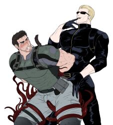 Rule 34 | 2boys, absurdres, albert wesker, arms behind back, bara, belt, black belt, black gloves, black hair, black pants, black shirt, blonde hair, blush, bound, bound wrists, chamma yohani, chris redfield, clenched teeth, facial hair, gloves, green shirt, grey pants, highres, large pectorals, looking at another, male focus, multiple boys, muscular, muscular male, pants, pectorals, resident evil, resident evil 5, shirt, short hair, simple background, sunglasses, teeth, tentacles, tentacles on male, white background, yaoi