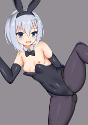 Rule 34 | 10s, 1girl, alternate costume, animal ears, bare shoulders, black bow, black bowtie, black hairband, black leotard, blue eyes, bow, bowtie, breasts, covered navel, detached collar, detached sleeves, fake animal ears, feet out of frame, gluteal fold, grey background, hairband, leotard, long sleeves, looking at viewer, nipple slip, nipples, open mouth, pantyhose, playboy bunny, rabbit ears, round teeth, ryuuou no oshigoto!, shiny clothes, shiny skin, short hair, silver hair, simple background, small breasts, snowflakes, solo, sora ginko, spread legs, standing, standing on one leg, strapless, strapless leotard, teeth, toshishikisai, upper teeth only, wing collar