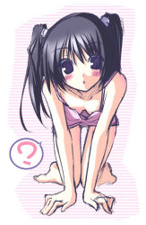 Rule 34 | 1girl, :o, ?, all fours, barefoot, black eyes, black hair, blush, breasts, cleavage, downblouse, looking at viewer, original, senmu (senmudayo), sketch, small breasts, solo, spoken question mark, twintails