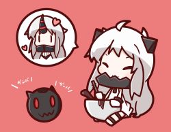 Rule 34 | 10s, 2girls, abyssal ship, ahoge, chibi, covered mouth, dress, heart, horns, kantai collection, long hair, mittens, multiple girls, northern ocean princess, nuu (nu-nyu), pale skin, seaport princess, silver hair, sitting, smile, spoken face, translation request, white dress