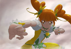 Rule 34 | 1girl, blunt bangs, blurry, blurry foreground, bow, brooch, brown eyes, brown hair, choker, closed mouth, clover earrings, collarbone, cure rosetta, dokidoki! precure, floating hair, flower, frown, fuchi (nightmare), green bow, green choker, green flower, hair flower, hair ornament, hair ribbon, heart, heart brooch, jacket, long hair, looking at viewer, multicolored clothes, multicolored jacket, precure, ribbon, short sleeves, skirt, solo, stance, twintails, two-tone jacket, two-tone skirt, v-shaped eyebrows, very long hair, white jacket, white skirt, wrist cuffs, yellow jacket, yellow ribbon, yellow skirt
