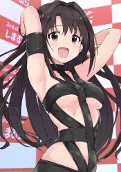 Rule 34 | 1girl, :d, alternate hairstyle, arm strap, armband, armpits, arms behind head, arms up, black armband, black hair, blush, bondage outfit, breasts, brown eyes, collarbone, dot nose, fashion center shimamura, highres, hot limit, idolmaster, idolmaster cinderella girls, idolmaster cinderella girls starlight stage, long hair, looking at viewer, medium breasts, midriff, nishikawa takanori, open mouth, rauto, revealing clothes, shimamura uzuki, smile, solo, t.m.revolution, underboob, upper body, wristband