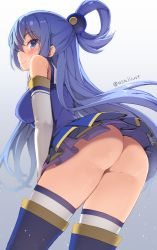Rule 34 | 1girl, aqua (konosuba), ass, bare shoulders, blue eyes, blue footwear, blue hair, blue shirt, blue skirt, blush, boots, closed mouth, commentary request, detached sleeves, from behind, hair ornament, hair rings, kono subarashii sekai ni shukufuku wo!, long hair, looking at viewer, looking back, no panties, osa (osaosa), shirt, simple background, skirt, smile, solo, standing, thigh boots, thighhighs, twitter username, very long hair, white thighhighs