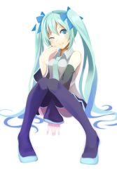 Rule 34 | 1girl, aqua eyes, aqua hair, bad id, bad pixiv id, boots, detached sleeves, hatsune miku, highres, konya (chocolate palette), long hair, necktie, one eye closed, simple background, sitting, skirt, smile, solo, thigh boots, thighhighs, twintails, very long hair, vocaloid, white background, wink