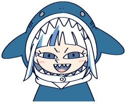 Rule 34 | 1girl, animal hood, blue eyes, blue hair, blue sweater, blunt bangs, blush, blush stickers, cropped torso, female focus, flat chest, gawr gura, happy, hololive, hololive english, hood, jaggy lines, looking at viewer, multicolored hair, open mouth, shark hood, sharp teeth, sidelocks, simple background, sketch, smile, solo, straight-on, streaked hair, sweater, teeth, two-tone hair, upper body, v-shaped eyebrows, vilepluff, virtual youtuber, white background, white hair