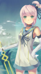 Rule 34 | 1girl, absurdres, black neckwear, blue sailor collar, choker, elbow gloves, faux traditional media, gloves, green eyes, hair ornament, hand on own hip, highres, holding, kanonno earhart, lino-lin, looking at viewer, purple hair, sailor collar, short hair, smile, solo, sword, tales of (series), tales of the world radiant mythology, tales of the world radiant mythology 2, weapon, white gloves