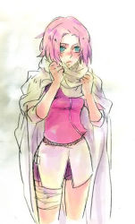 Rule 34 | 1girl, arm warmers, artist request, bandages, bike shorts, blush, cowboy shot, cropped legs, green eyes, haruno sakura, looking to the side, lowres, miniskirt, naruto (series), naruto shippuuden, pink hair, pink skirt, red shirt, shirt, short hair, shorts, shorts under skirt, side slit, skirt, solo, tagme