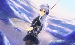 Rule 34 | 1girl, black pantyhose, blue eyes, camouflage, camouflage jacket, day, earmuffs, fishing rod, flat cap, hat, hibiki (kancolle), highres, jacket, kantai collection, long sleeves, looking at viewer, looking back, outdoors, pantyhose, pleated skirt, silver hair, skirt, sky, snow, snowflakes, snowing, solo, tengjing hao, verniy (kancolle)
