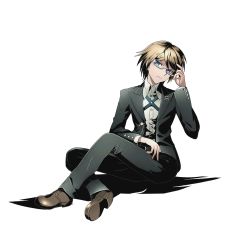 Rule 34 | 10s, 1boy, alpha transparency, blonde hair, blue eyes, closed mouth, danganronpa (series), danganronpa: trigger happy havoc, divine gate, full body, glasses, head tilt, crossed legs, looking at viewer, male focus, official art, shadow, shoes, short hair, sitting, solo, togami byakuya, transparent background, ucmm