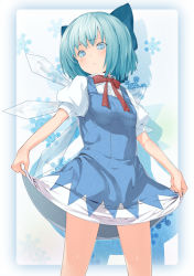 Rule 34 | 1girl, blue eyes, blue hair, bow, child, cirno, clothes lift, dress, dress lift, fairy, hair bow, katsuhiro, matching hair/eyes, short hair, snowflakes, solo, standing, touhou, wings