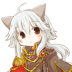 Rule 34 | 1girl, ahoge, androgynous, animal ears, blush, brown coat, brown eyes, buttons, cat ears, chain, closed mouth, coat, commentary request, cross, double-breasted, expressionless, futami yayoi, hair between eyes, highres, long bangs, long hair, looking at viewer, military, military uniform, ragnarok online, rebellion (ragnarok online), sidelocks, simple background, solo, uniform, upper body, white background, white hair