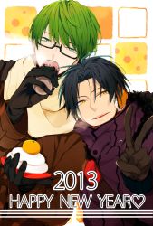 breath coat drinking food fur glasses gloves green_eyes green_hair headphones highres kuroko_no_basuke looking_at_viewer midorima_shintarou scarf short_hair smile takao_kazunari yellow_eyes