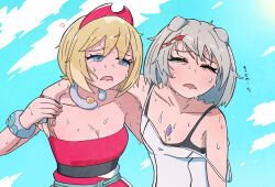 Rule 34 | 2girls, animal ears, arm over shoulder, bangle, blonde hair, blue eyes, blue sky, bracelet, braid, breasts, camisole, cat ears, check commentary, chest jewel, cloud, collarbone, commentary, commentary request, creatures (company), crossover, dress, exhausted, eyelashes, game freak, gem, grey hair, hair between eyes, hairband, headband, highres, hot, irida (pokemon), jewelry, mio (xenoblade), multiple girls, neck ring, necklace, nintendo, off shoulder, ookinaopanda, open mouth, pokemon, pokemon legends: arceus, red dress, red hairband, sash, short hair, shoulder strap, sky, sleeveless, sleeveless dress, small breasts, squinting, strap, strap slip, strapless, strapless dress, sweat, translation request, upper body, very sweaty, white camisole, xenoblade chronicles (series), xenoblade chronicles 3, yellow eyes