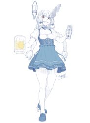 Rule 34 | 1girl, alcohol, apron, beer, beer mug, braid, breasts, cosplay, cup, dirndl, food, german clothes, grin, headgear, kantai collection, long hair, looking at viewer, minazuki tsuyuha, monochrome, mug, murakumo (kancolle), orange eyes, sidelocks, simple background, small breasts, smile, solo, teeth, twin braids, underbust, wagashi, white background, youkan (food), z1 leberecht maass (kancolle) (cosplay), z1 leberecht maass (kancolle)