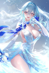 Rule 34 | 1girl, :d, absurdres, alternate costume, asymmetrical hair, bare shoulders, blue hair, bouquet, breasts, bridal veil, cleavage, crying, crying with eyes open, dress, elbow gloves, eula (genshin impact), flower, genshin impact, gloves, gradient eyes, grey background, highres, holding, holding bouquet, large breasts, looking at viewer, medium hair, multicolored eyes, open mouth, pottsness, purple eyes, sidelocks, sleeveless, sleeveless dress, smile, snowflakes, solo, tears, thighs, tiara, twitter username, veil, wedding dress, white dress, white flower, white gloves