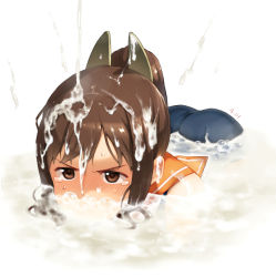 Rule 34 | 10s, 1girl, bare shoulders, bathing, blue one-piece swimsuit, blush, brown eyes, brown hair, crying, crying with eyes open, cum, cum bath, cum string, cumdrip, dark-skinned female, dark skin, dated, furrowed brow, i-401 (kancolle), kantai collection, long hair, one-piece swimsuit, partially submerged, ponytail, sailor collar, sakura (medilore), school swimsuit, simple background, solo, sweat, swimsuit, tears, white background