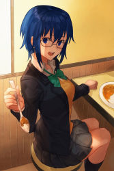 Rule 34 | 1girl, black-framed eyewear, black jacket, blue eyes, blue hair, ciel (tsukihime), collared shirt, commentary request, curry, curry rice, food, glasses, grey skirt, hair between eyes, holding, holding spoon, indoors, jacket, long sleeves, looking at viewer, miniskirt, nasubin (nasubisamurai15), open clothes, open jacket, open mouth, rice, school uniform, shirt, short hair, sitting, skirt, solo, spoon, teeth, tsukihime, tsukihime (remake), uniform, upper teeth only, vest, white shirt, yellow vest