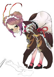 Rule 34 | 1girl, absurdres, antennae, apron, arthropod girl, ass, bent over, black eyes, black footwear, blood, blood on shoes, blush, brown kimono, closed mouth, commentary request, double bun, drooling, entoma vasilissa zeta, fangs, hair bun, highres, japanese clothes, kimono, looking at viewer, maid, maid headdress, mary janes, monster girl, overlord (maruyama), pantyhose, pink pantyhose, pool of blood, purple hair, saliva, severed arm, severed limb, shoes, short hair, simple background, skin fangs, sleeves past wrists, smile, solo, white apron, white background, wwwazxc