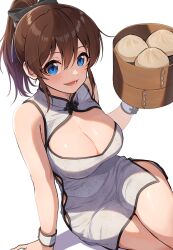 1girl arm_support bamboo_steamer steamed_bun bare_legs blue_eyes blush breasts brown_hair cleavage cleavage_cutout clothing_cutout commentary_request food highres idolmaster idolmaster_million_live! kamille_(vcx68) long_hair looking_at_viewer medium_breasts ponytail satake_minako side_cutout simple_background sitting smile solo thighs white_background