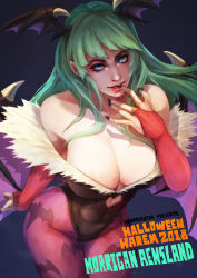 Rule 34 | 1girl, absurdres, animal print, artist name, bare shoulders, bat print, bat wings, black nails, blue eyes, breasts, bridal gauntlets, character name, cleavage, clothing cutout, commentary, demon girl, english commentary, english text, eyelashes, finger to mouth, fingernails, gloves, green hair, halloween, head wings, heart cutout, highres, large breasts, leotard, lips, long hair, looking at viewer, monori rogue, morrigan aensland, nail polish, nose, pantyhose, pink gloves, print pantyhose, purple pantyhose, purple wings, sharp fingernails, solo, vampire (game), wings