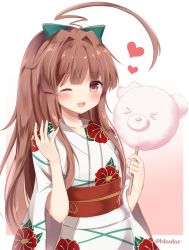Rule 34 | 10s, :d, ahoge, bad id, bad twitter id, blush, bow, brown hair, commentary request, cotton candy, floral print, food, food on face, gradient background, hair bow, huge ahoge, japanese clothes, kantai collection, kimono, kuma (kancolle), long hair, masayo (gin no ame), obi, one eye closed, open mouth, pink background, red eyes, sash, smile, solo, twitter username, white background, yukata
