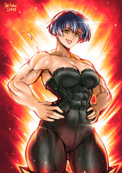 Rule 34 | 1girl, abs, black hair, bodysuit, commentary, english commentary, gawain (mokushiroku no yonkishi), hand on own hip, hands on own hips, highres, mokushiroku no yonkishi, muscular, muscular female, nanatsu no taizai, red background, short hair, smile, solo, the golden smurf, yellow eyes