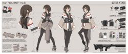 Rule 34 | 1girl, absurdres, back bow, belt, black pantyhose, bow, braid, brown dress, brown hair, bullpup, character name, character sheet, closed mouth, clothing cutout, commentary, dress, english commentary, english text, facial mark, green eyes, grey bow, grey footwear, gun, highres, holding, holding gun, holding weapon, kuri inuki, long sleeves, looking at viewer, looking back, low ponytail, multiple views, original, pantyhose, platform clogs, sandals, short dress, shoulder cutout, utility belt, vectorek, weapon, wide sleeves