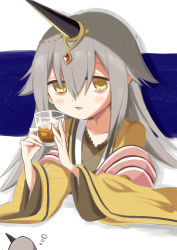 Rule 34 | 1girl, alcohol, bags under eyes, cup, drinking glass, grey hair, highres, holding, holding cup, horns, japanese clothes, kureha yuna, magia record: mahou shoujo madoka magica gaiden, magical girl, mahou shoujo madoka magica, parted lips, qururu, simple background, single horn, solo, soul gem, wide sleeves, yellow eyes