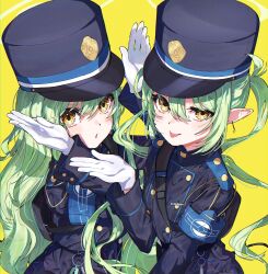 Rule 34 | 2girls, black hat, black jacket, blue archive, blush, closed mouth, gloves, green hair, green halo, hair between eyes, halo, hanozuku, hat, hikari (blue archive), nozomi (blue archive), highres, jacket, long hair, long sleeves, looking at viewer, multiple girls, parted lips, peaked cap, pointy ears, revision, sidelocks, simple background, smile, tongue, tongue out, twintails, white gloves, yellow background, yellow eyes