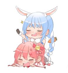 Rule 34 | 2girls, ahoge, anger vein, animal ear fluff, animal ears, arm up, bad id, bad twitter id, bell, black gloves, blue hair, blush, braid, carrot, carrot hair ornament, chibi, closed eyes, extra ears, food-themed hair ornament, girl on top, gloves, hair bell, hair ornament, hairclip, highres, hololive, long braid, long hair, moonbell, multiple girls, one side up, open mouth, pink hair, rabbit ears, rabbit girl, sakura miko, sakura miko (1st costume), sitting, sitting on person, sparkle, teeth, upper teeth only, usada pekora, usada pekora (1st costume), virtual youtuber, white background, wide sleeves