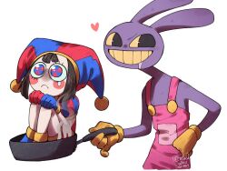 Rule 34 | 1boy, 1girl, :c, ariamikukanzaki, black eyes, blue eyes, brown hair, clenched teeth, colored sclera, commentary, cooking, english commentary, frying pan, hand on own hip, jax (the amazing digital circus), multicolored eyes, pomni (the amazing digital circus), rabbit, red eyes, saliva, short hair, simple background, sitting, teardrop, teeth, the amazing digital circus, white background, yellow sclera