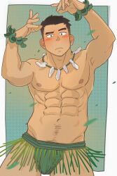 Rule 34 | 1boy, abs, amaimao, arms up, bara, blush, bracelet, cowboy shot, dancing, frown, highres, jewelry, large pectorals, loincloth, male focus, muscular, muscular male, navel, navel hair, necklace, nipples, original, pectorals, pubic hair, pubic hair peek, raised eyebrows, short hair, shy, solo, thick thighs, thighs, tooth necklace, tribal