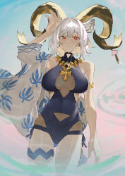 Rule 34 | 1girl, absurdres, animal ears, arknights, arm up, armlet, black one-piece swimsuit, carnelian (arknights), carnelian (shimmering dew) (arknights), casual one-piece swimsuit, cowboy shot, dark-skinned female, dark skin, goat ears, goat girl, goat horns, grey hair, hand on own face, highres, horn ornament, horns, jewelry, necklace, one-piece swimsuit, renxzd, shawl, short hair, swimsuit, thigh strap, white hair
