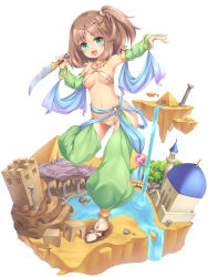 Rule 34 | 1girl, arm up, armpits, bikini, bikini top only, blue eyes, bracelet, breasts, brown hair, circlet, dagger, dancer, detached sleeves, floating island, full body, harem outfit, harem pants, highres, jewelry, knife, long hair, miniature, navel, o-ring, open mouth, original, pants, pyramid (structure), sasaame, shoes, side ponytail, simple background, small breasts, smile, solo, standing, standing on one leg, swimsuit, water, waterfall, weapon, white background