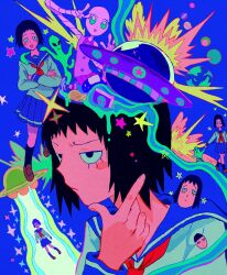 Rule 34 | 12anchovy, 1girl, 2others, alien, alien (mob psycho 100), animegao, arm around shoulder, beam, black hair, blue background, blue sailor collar, blue skirt, blush stickers, book, cosplay, explosion, eyelashes, frown, furrowed brow, hand on own chin, highres, holding hands, jitome, kigurumi, kurata tome, long sleeves, mob psycho 100, multiple others, multiple views, neckerchief, planet, pleated skirt, raised eyebrow, red neckerchief, romaji commentary, sailor collar, school uniform, serafuku, short bangs, short hair, skirt, solid eyes, sparkle, star (symbol), stroking own chin, ufo, white serafuku
