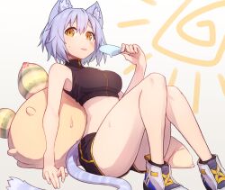Rule 34 | 1girl, :p, animal ear fluff, animal ears, animal print, bare legs, bare shoulders, black shorts, black sports bra, food, full body, highres, holding, holding food, knees together feet apart, knees up, legs, looking at viewer, midriff, original, popsicle, purple hair, ryota tentei, scar, scar on face, short hair, shorts, solo, sports bra, summer, sweat, tail, tiger ears, tiger girl, tiger print, tiger tail, tongue, tongue out, tora tentei, white background, white footwear, yellow eyes